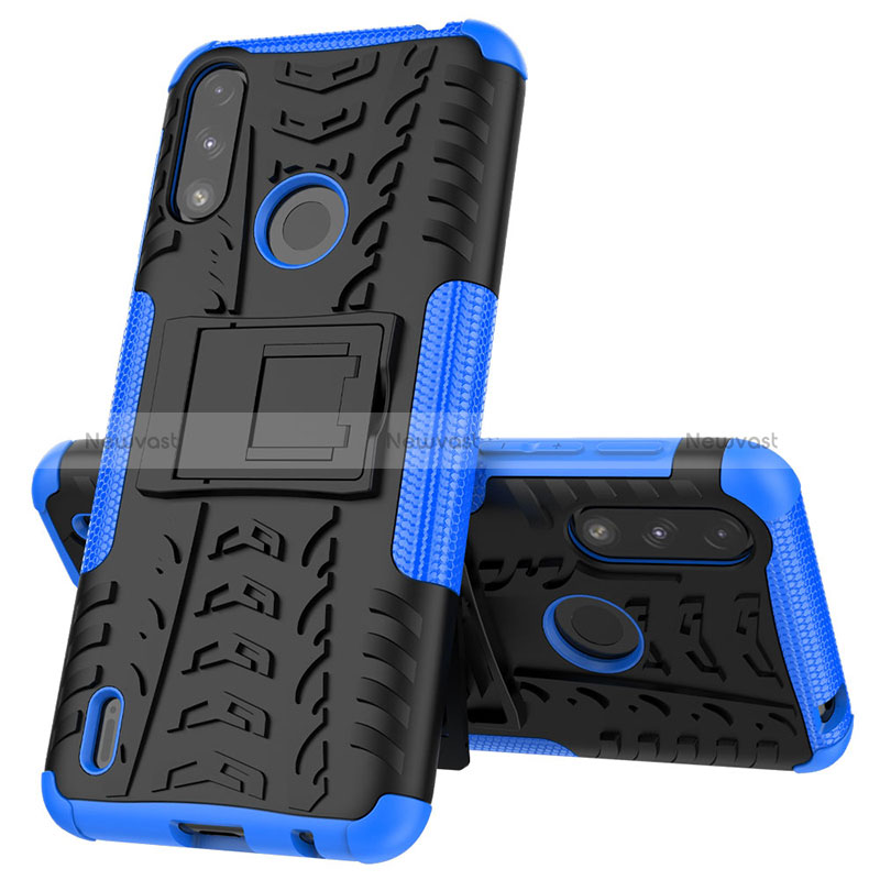 Silicone Matte Finish and Plastic Back Cover Case with Stand JX1 for Motorola Moto E7 Power Blue