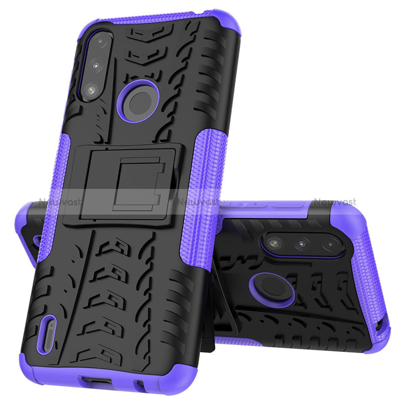 Silicone Matte Finish and Plastic Back Cover Case with Stand JX1 for Motorola Moto E7 Power Purple