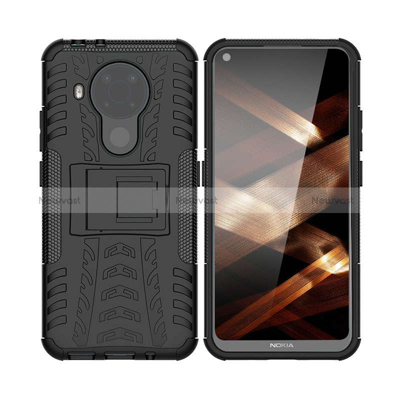 Silicone Matte Finish and Plastic Back Cover Case with Stand JX1 for Nokia 5.4 Black