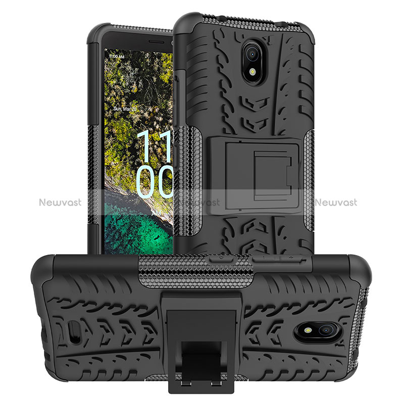 Silicone Matte Finish and Plastic Back Cover Case with Stand JX1 for Nokia C100 Black