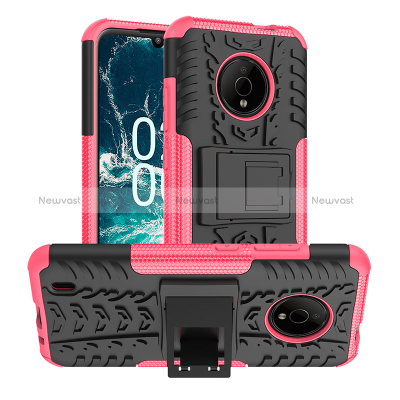 Silicone Matte Finish and Plastic Back Cover Case with Stand JX1 for Nokia C200 Hot Pink