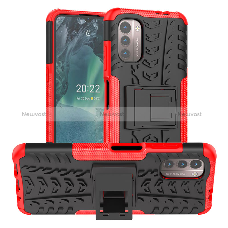 Silicone Matte Finish and Plastic Back Cover Case with Stand JX1 for Nokia G11 Red