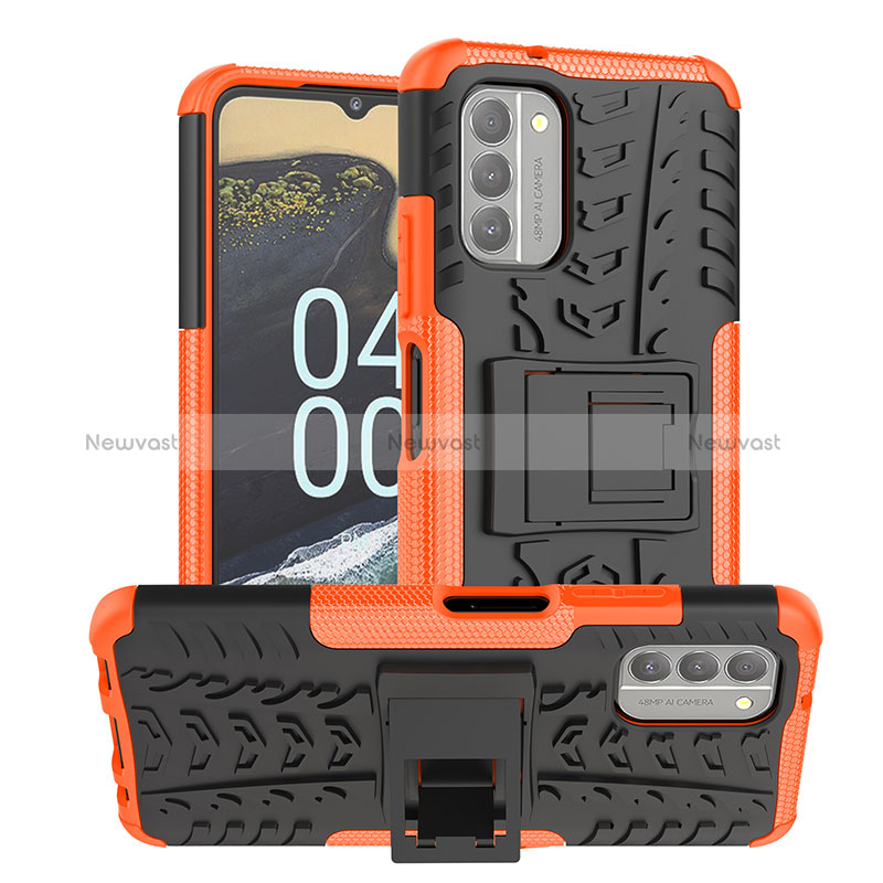 Silicone Matte Finish and Plastic Back Cover Case with Stand JX1 for Nokia G400 5G Orange