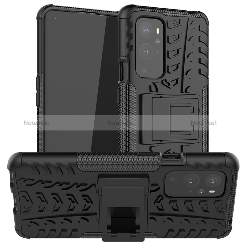 Silicone Matte Finish and Plastic Back Cover Case with Stand JX1 for OnePlus 9 Pro 5G Black