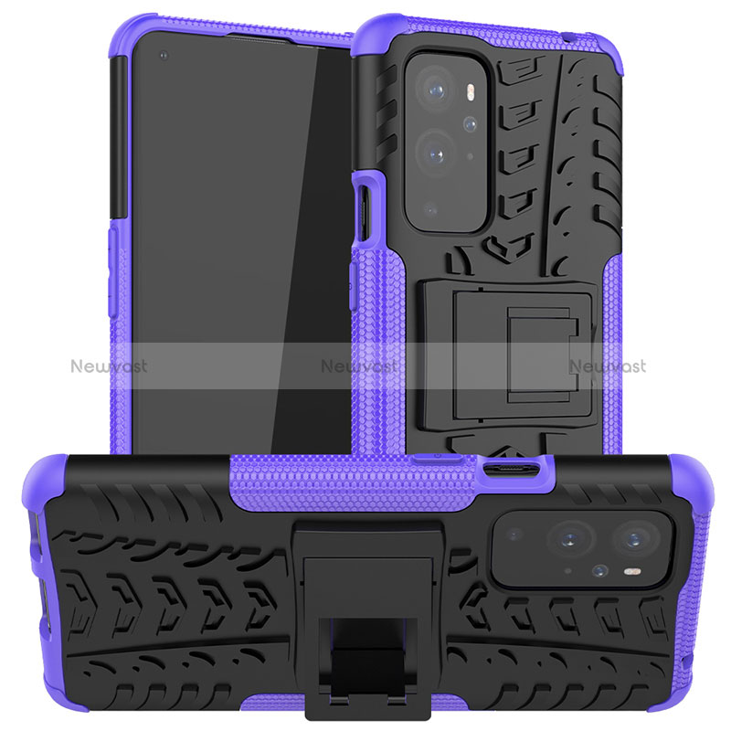 Silicone Matte Finish and Plastic Back Cover Case with Stand JX1 for OnePlus 9 Pro 5G Purple