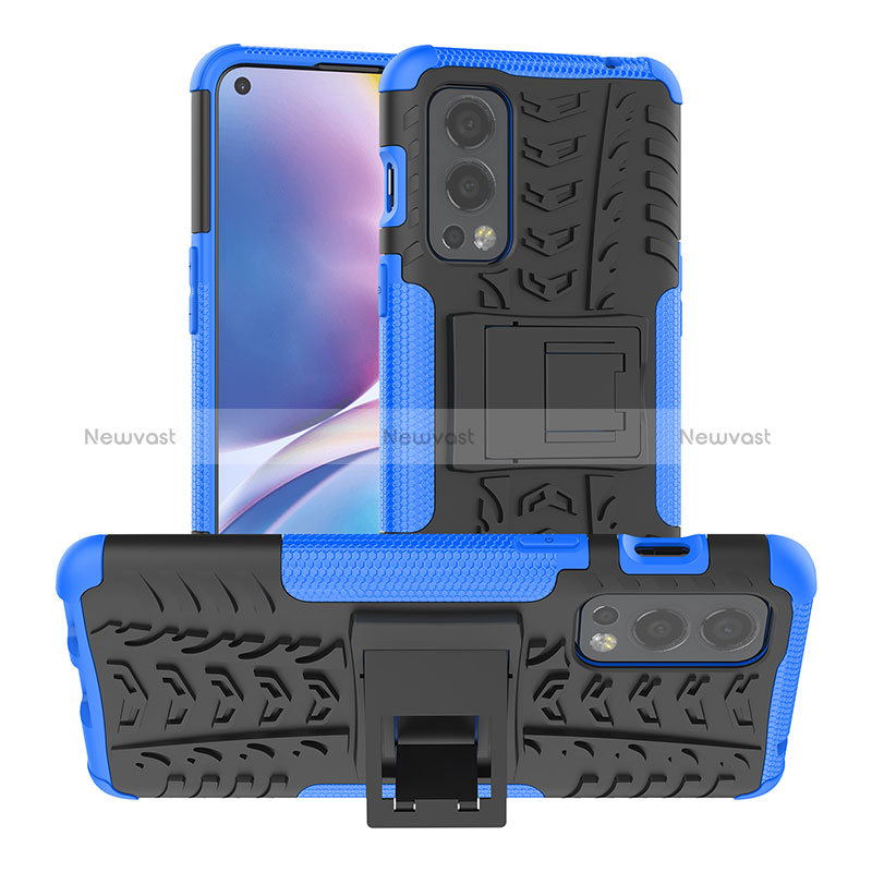 Silicone Matte Finish and Plastic Back Cover Case with Stand JX1 for OnePlus Nord 2 5G Blue