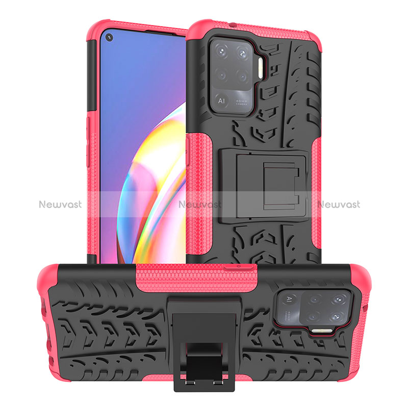 Silicone Matte Finish and Plastic Back Cover Case with Stand JX1 for Oppo Reno5 F Hot Pink