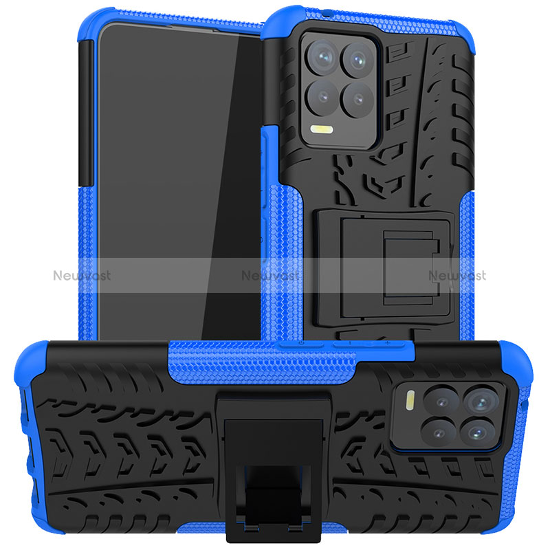 Silicone Matte Finish and Plastic Back Cover Case with Stand JX1 for Realme 8 4G Blue