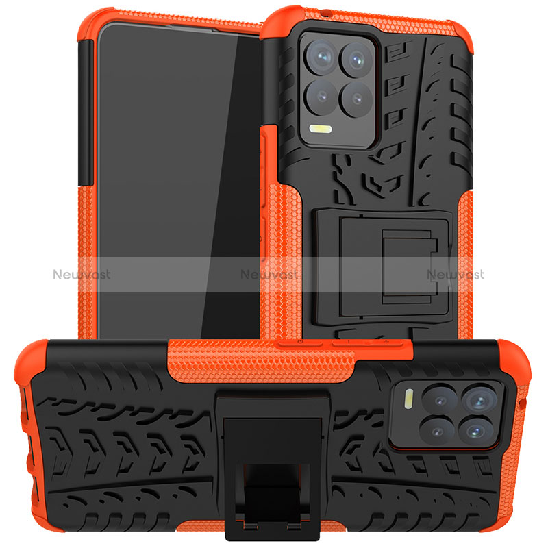 Silicone Matte Finish and Plastic Back Cover Case with Stand JX1 for Realme 8 4G Orange