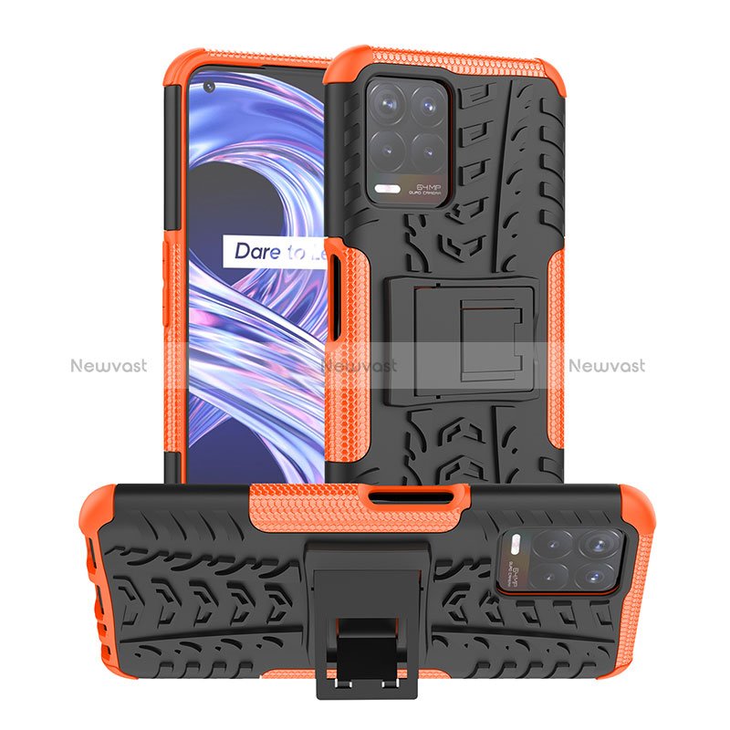 Silicone Matte Finish and Plastic Back Cover Case with Stand JX1 for Realme 8i Orange