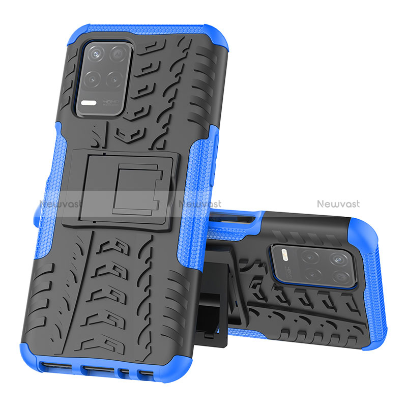 Silicone Matte Finish and Plastic Back Cover Case with Stand JX1 for Realme 9 5G India Blue