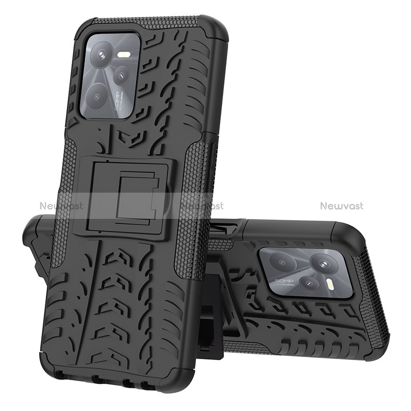 Silicone Matte Finish and Plastic Back Cover Case with Stand JX1 for Realme C35 Black