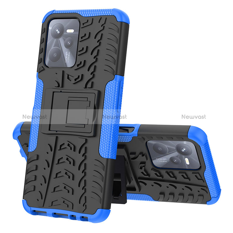 Silicone Matte Finish and Plastic Back Cover Case with Stand JX1 for Realme C35 Blue