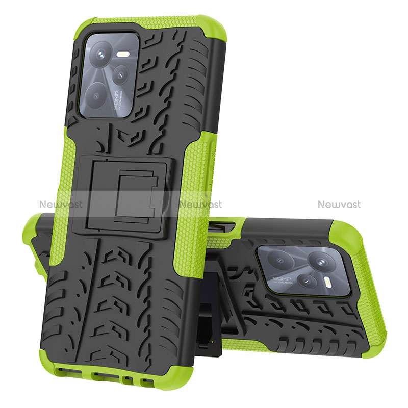 Silicone Matte Finish and Plastic Back Cover Case with Stand JX1 for Realme C35 Green