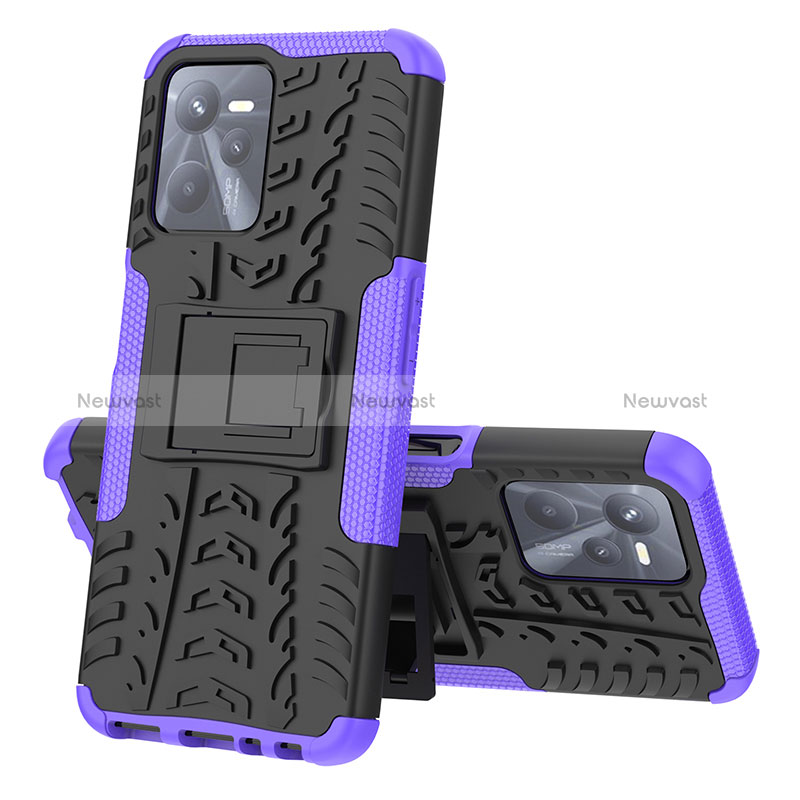 Silicone Matte Finish and Plastic Back Cover Case with Stand JX1 for Realme C35 Purple