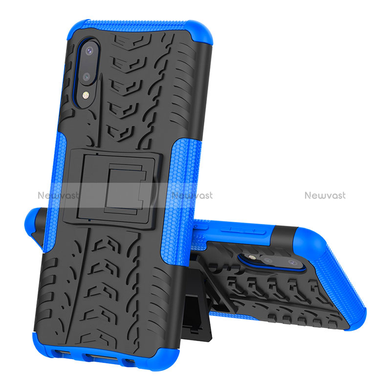 Silicone Matte Finish and Plastic Back Cover Case with Stand JX1 for Samsung Galaxy A02 Blue