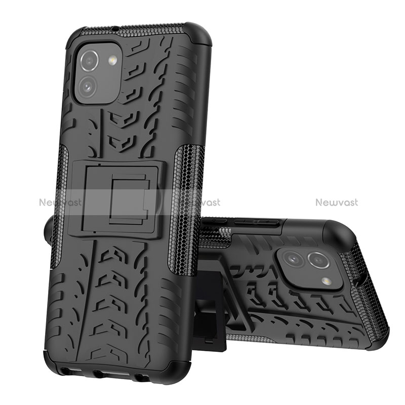 Silicone Matte Finish and Plastic Back Cover Case with Stand JX1 for Samsung Galaxy A03 Black