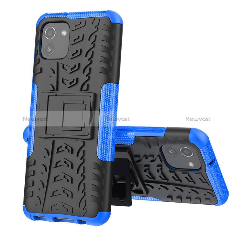 Silicone Matte Finish and Plastic Back Cover Case with Stand JX1 for Samsung Galaxy A03 Blue