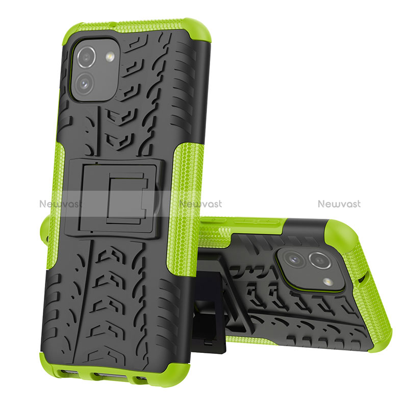 Silicone Matte Finish and Plastic Back Cover Case with Stand JX1 for Samsung Galaxy A03 Green