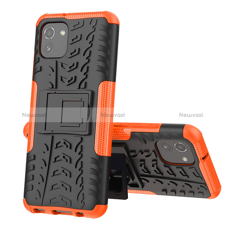 Silicone Matte Finish and Plastic Back Cover Case with Stand JX1 for Samsung Galaxy A03 Orange