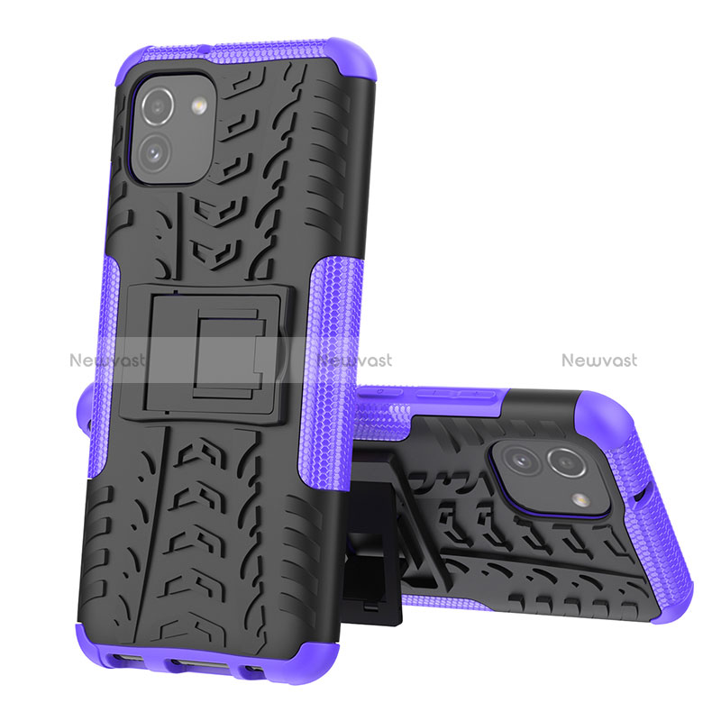 Silicone Matte Finish and Plastic Back Cover Case with Stand JX1 for Samsung Galaxy A03 Purple