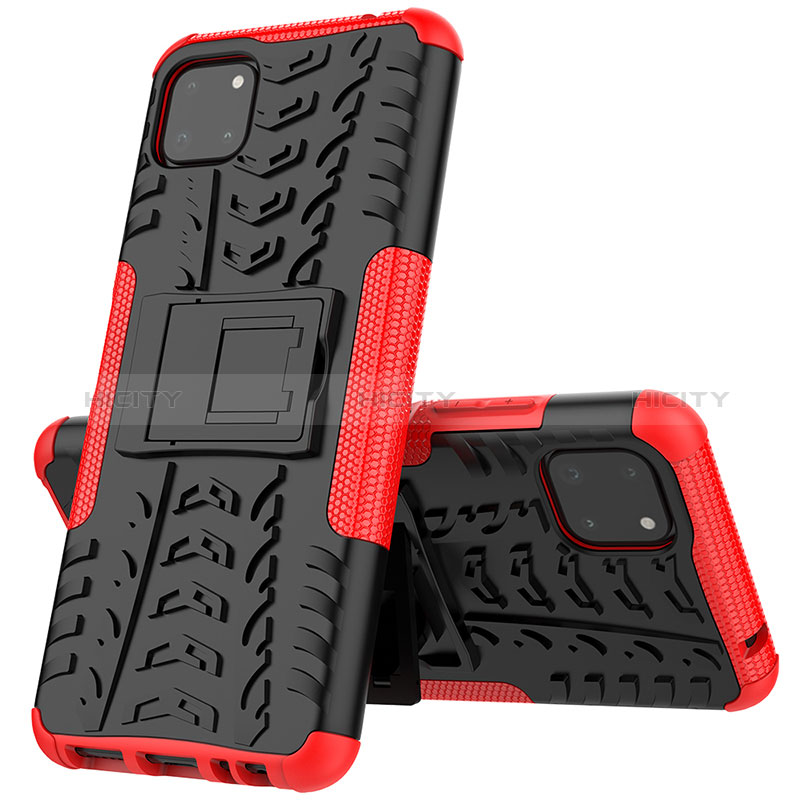 Silicone Matte Finish and Plastic Back Cover Case with Stand JX1 for Samsung Galaxy F42 5G Red