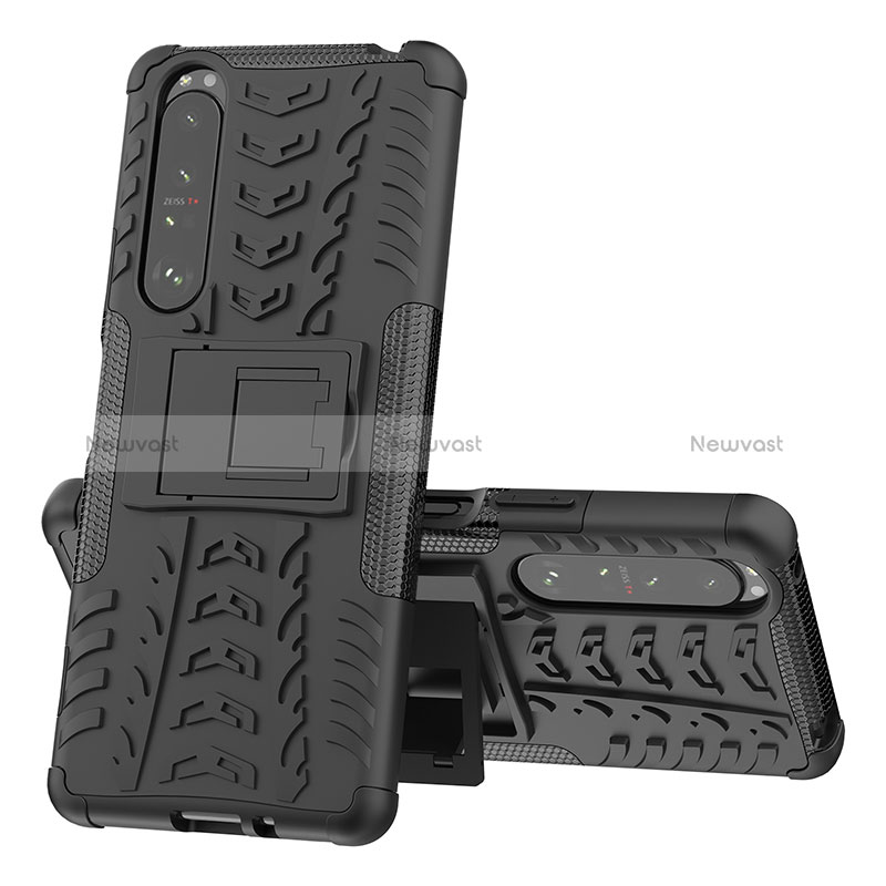 Silicone Matte Finish and Plastic Back Cover Case with Stand JX1 for Sony Xperia 1 III Black