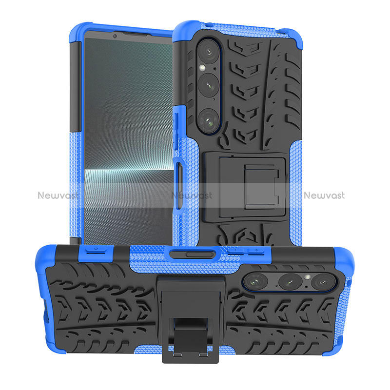 Silicone Matte Finish and Plastic Back Cover Case with Stand JX1 for Sony Xperia 1 V Blue