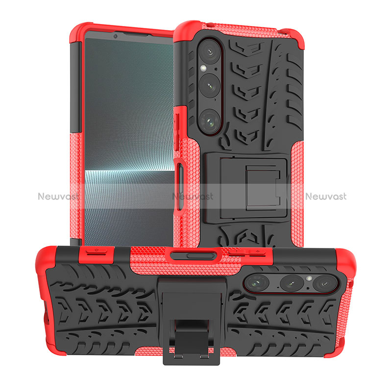 Silicone Matte Finish and Plastic Back Cover Case with Stand JX1 for Sony Xperia 1 V Red