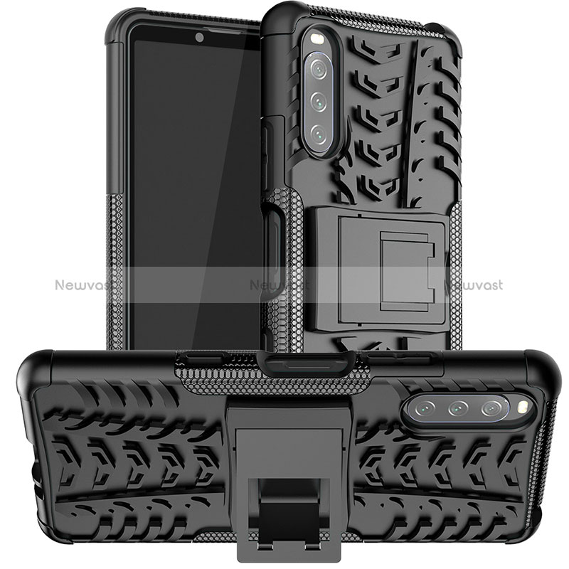 Silicone Matte Finish and Plastic Back Cover Case with Stand JX1 for Sony Xperia 10 III Black