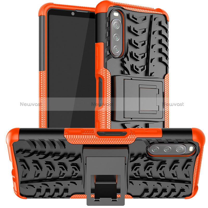 Silicone Matte Finish and Plastic Back Cover Case with Stand JX1 for Sony Xperia 10 III Orange