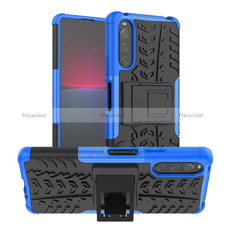 Silicone Matte Finish and Plastic Back Cover Case with Stand JX1 for Sony Xperia 10 IV Blue