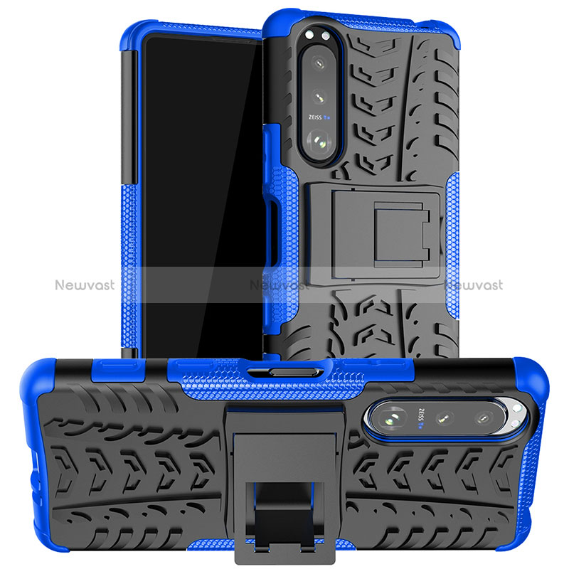 Silicone Matte Finish and Plastic Back Cover Case with Stand JX1 for Sony Xperia 5 III Blue