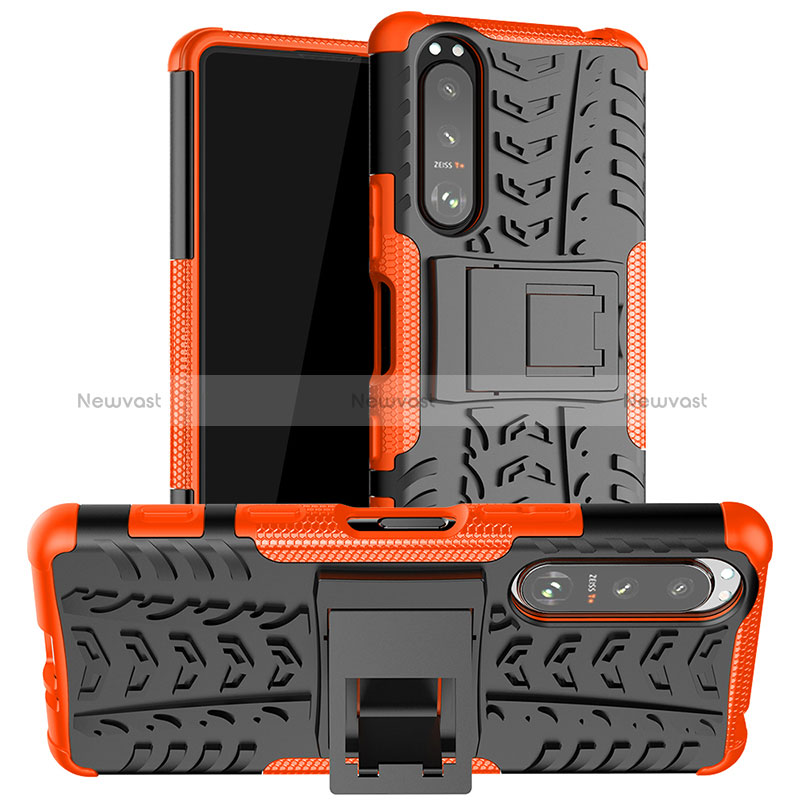 Silicone Matte Finish and Plastic Back Cover Case with Stand JX1 for Sony Xperia 5 III Orange