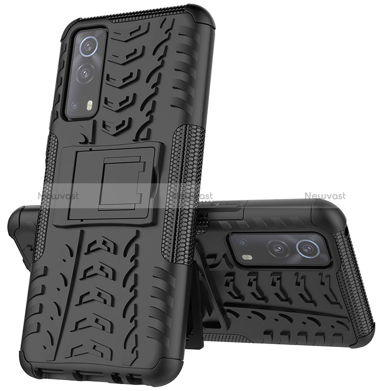 Silicone Matte Finish and Plastic Back Cover Case with Stand JX1 for Vivo iQOO Z3 5G Black