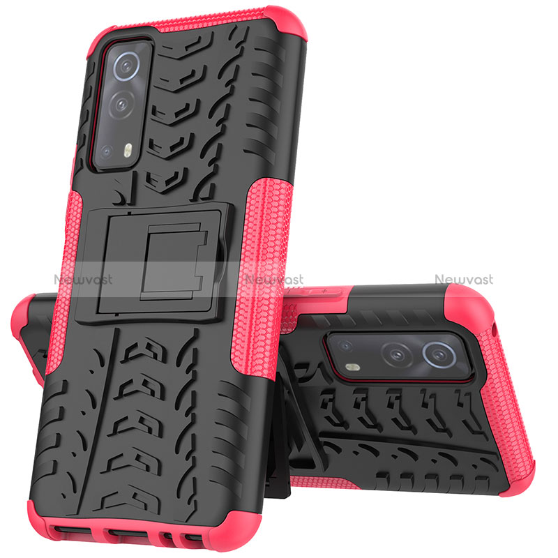 Silicone Matte Finish and Plastic Back Cover Case with Stand JX1 for Vivo iQOO Z3 5G Hot Pink