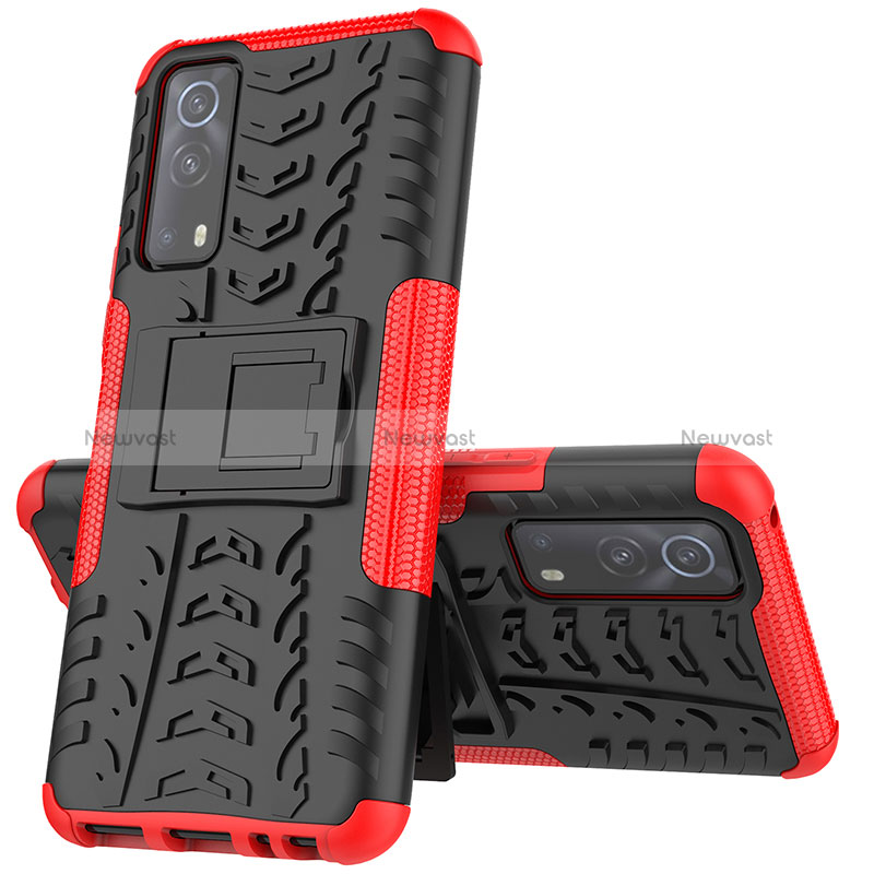 Silicone Matte Finish and Plastic Back Cover Case with Stand JX1 for Vivo iQOO Z3 5G Red