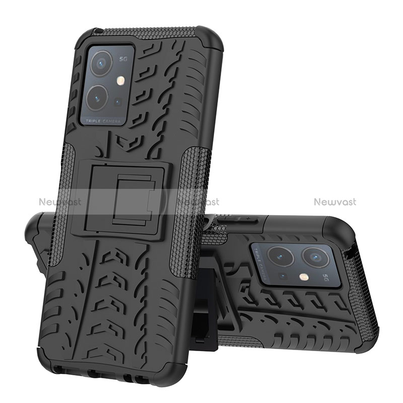Silicone Matte Finish and Plastic Back Cover Case with Stand JX1 for Vivo iQOO Z6 5G Black