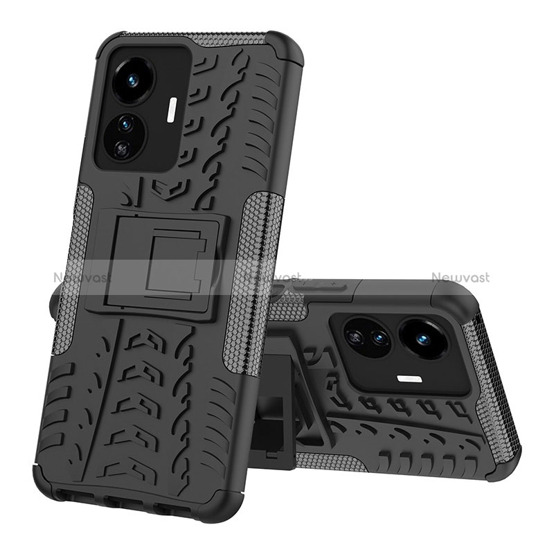 Silicone Matte Finish and Plastic Back Cover Case with Stand JX1 for Vivo iQOO Z6 Lite 5G Black