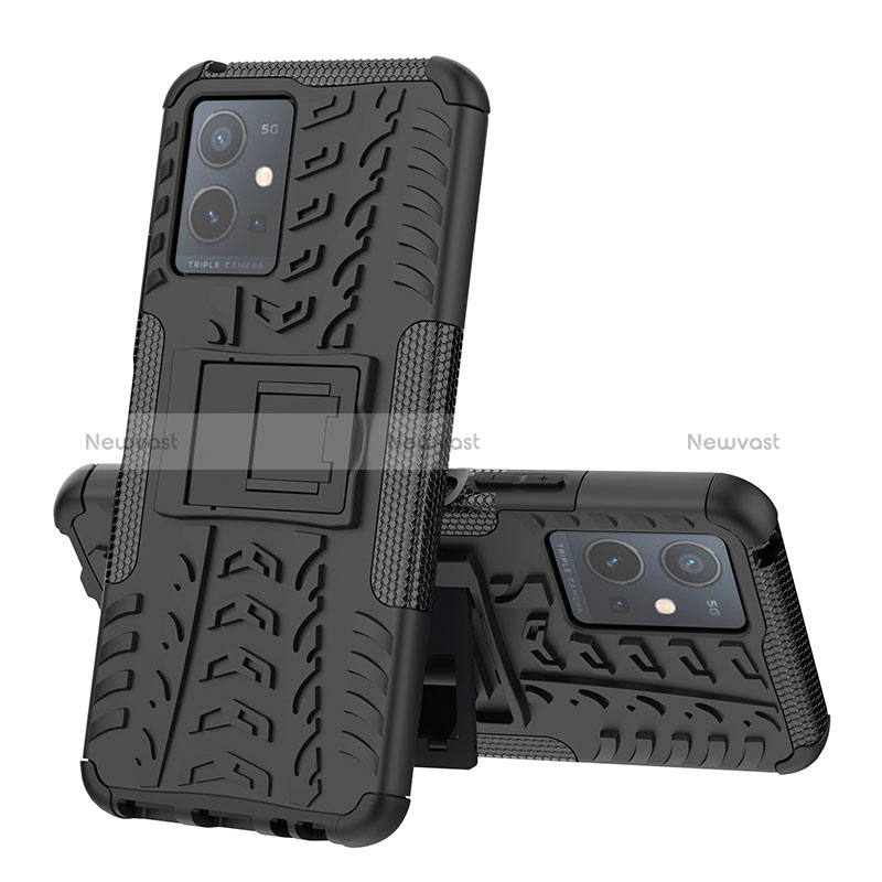 Silicone Matte Finish and Plastic Back Cover Case with Stand JX1 for Vivo Y33e 5G Black