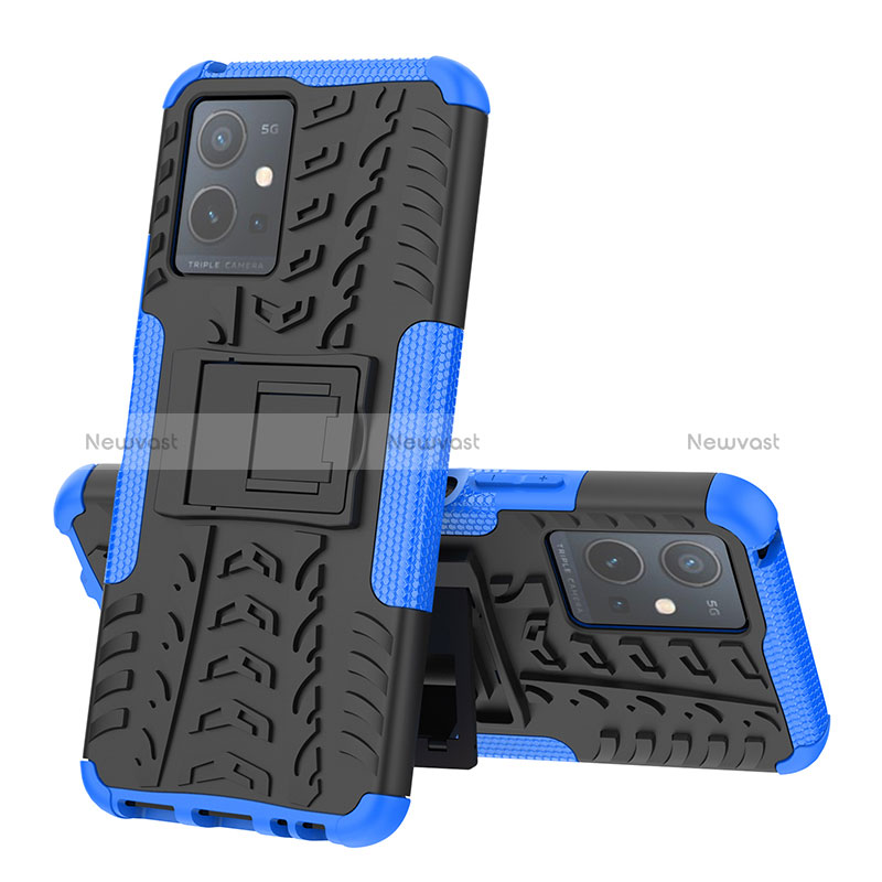 Silicone Matte Finish and Plastic Back Cover Case with Stand JX1 for Vivo Y33e 5G Blue