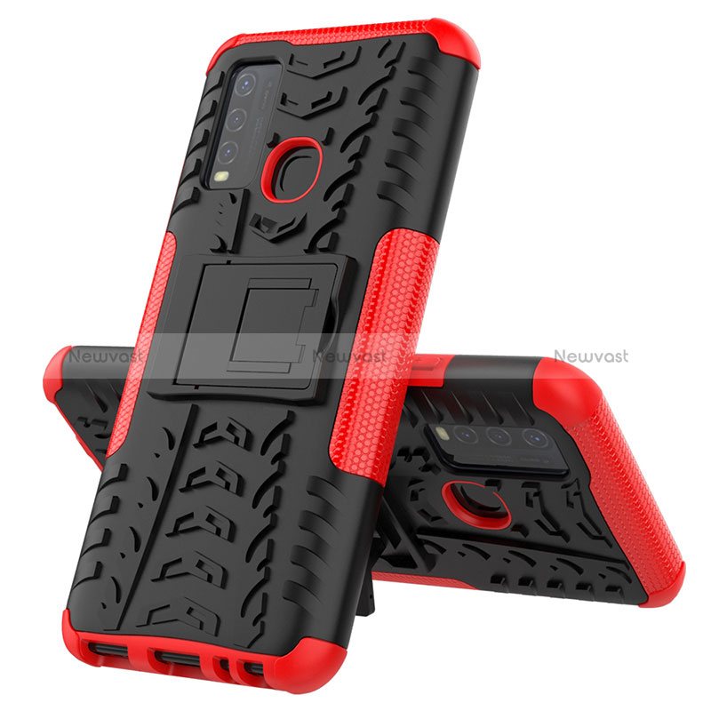 Silicone Matte Finish and Plastic Back Cover Case with Stand JX1 for Vivo Y50 Red