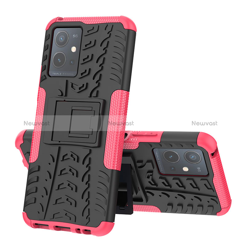 Silicone Matte Finish and Plastic Back Cover Case with Stand JX1 for Vivo Y55s 5G Hot Pink