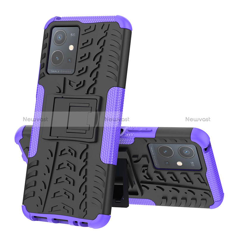 Silicone Matte Finish and Plastic Back Cover Case with Stand JX1 for Vivo Y55s 5G Purple