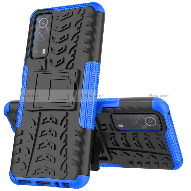 Silicone Matte Finish and Plastic Back Cover Case with Stand JX1 for Vivo Y75s 5G Blue