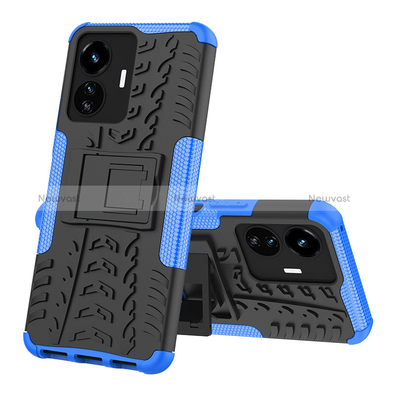 Silicone Matte Finish and Plastic Back Cover Case with Stand JX1 for Vivo Y77e 5G Blue