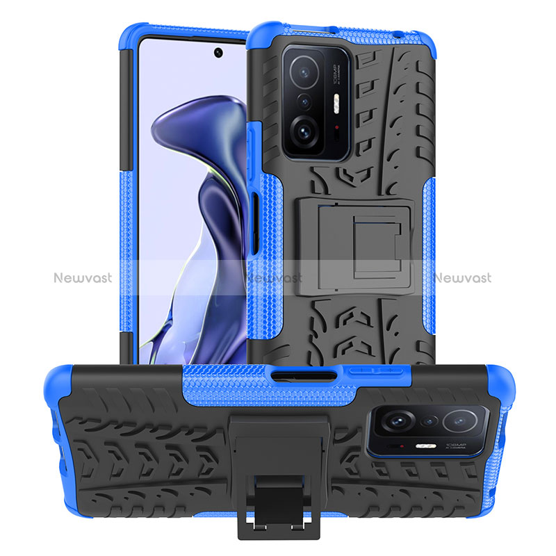 Silicone Matte Finish and Plastic Back Cover Case with Stand JX1 for Xiaomi Mi 11T 5G Blue