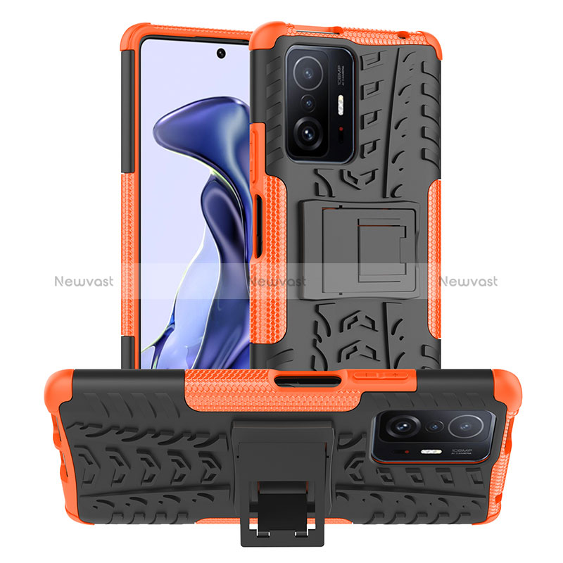Silicone Matte Finish and Plastic Back Cover Case with Stand JX1 for Xiaomi Mi 11T 5G Orange
