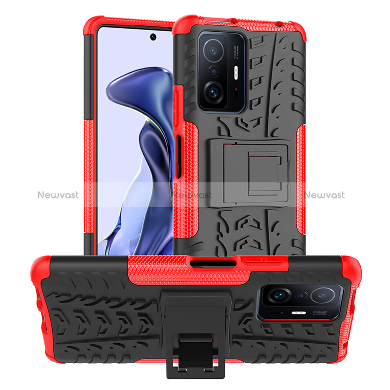 Silicone Matte Finish and Plastic Back Cover Case with Stand JX1 for Xiaomi Mi 11T 5G Red