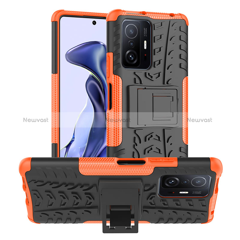 Silicone Matte Finish and Plastic Back Cover Case with Stand JX1 for Xiaomi Mi 11T Pro 5G Orange